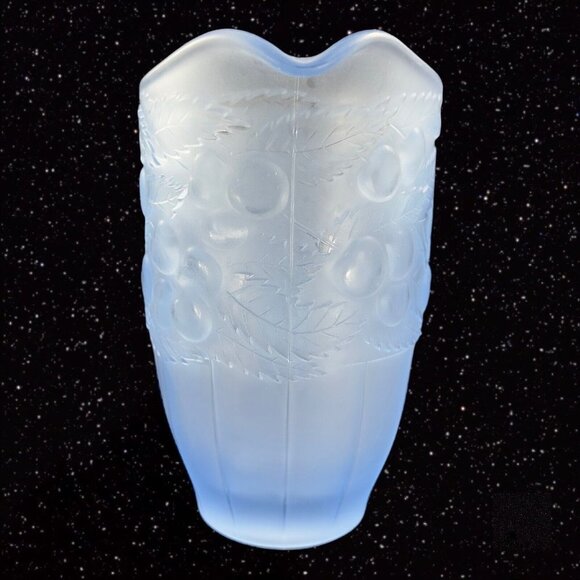 Vintage Light Blue Satin Frosted Glass Raised Cherries Leaves Carafe Pitcher Jug - Picture 12 of 12